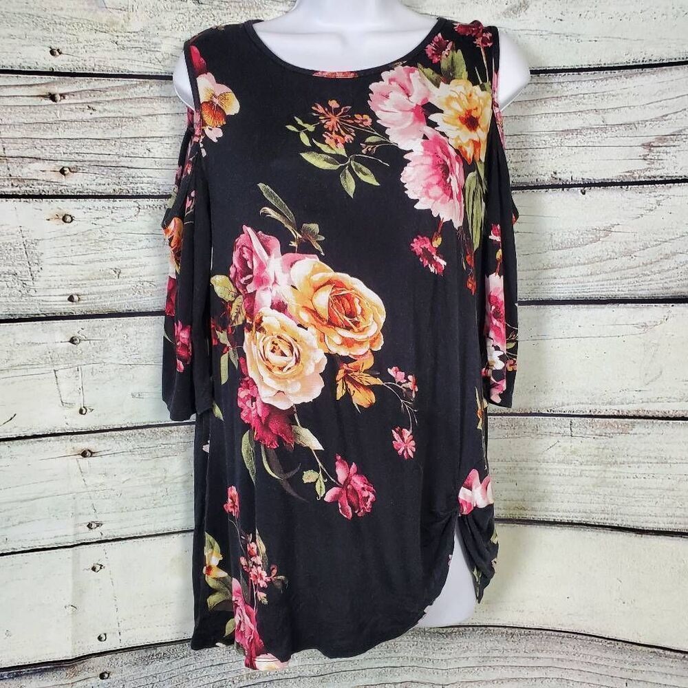e.Luna Black Floral Cold Shoulder Tunic Top Women’s Small